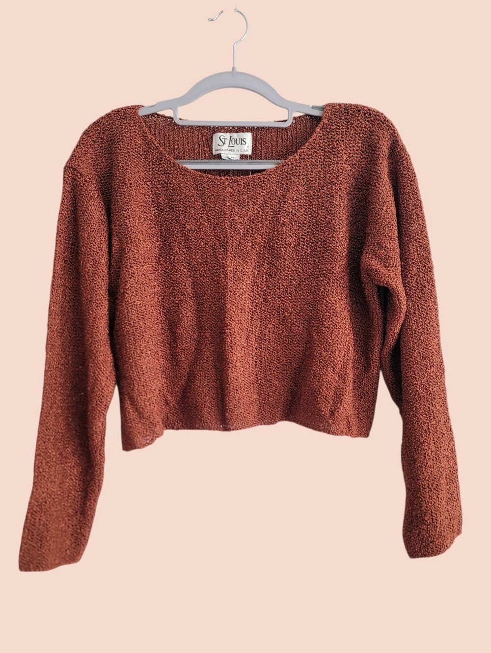 NEW Copper‎ Knit V-Neck Cropped Handloomed Sweater Rayon Long Sleeve Tobacco